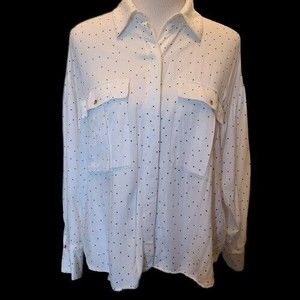 Zara Blouse White with Black Polka Dot Long Sleeve Womens Medium; 2 front pocket